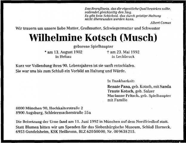 Spielhaupter Wilhelmine 1902-1992 Todesanzeige